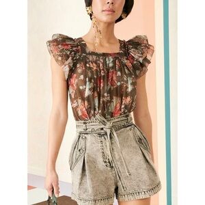 Ulla Johnson Silk-Blend Ruffle Floral Kiki Short-Sleeve Top